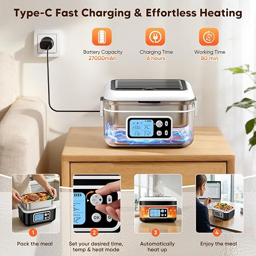 Gamelle Chauffante Batterie, 1,5L Intelligente Lunch Box Chauffante avec écran LCD, Boite Chauffante Repas à Chauffage Rapide avec Vaisselle en Acier Inoxydable et Sac Isotherme pour Voiture Bureau - 7