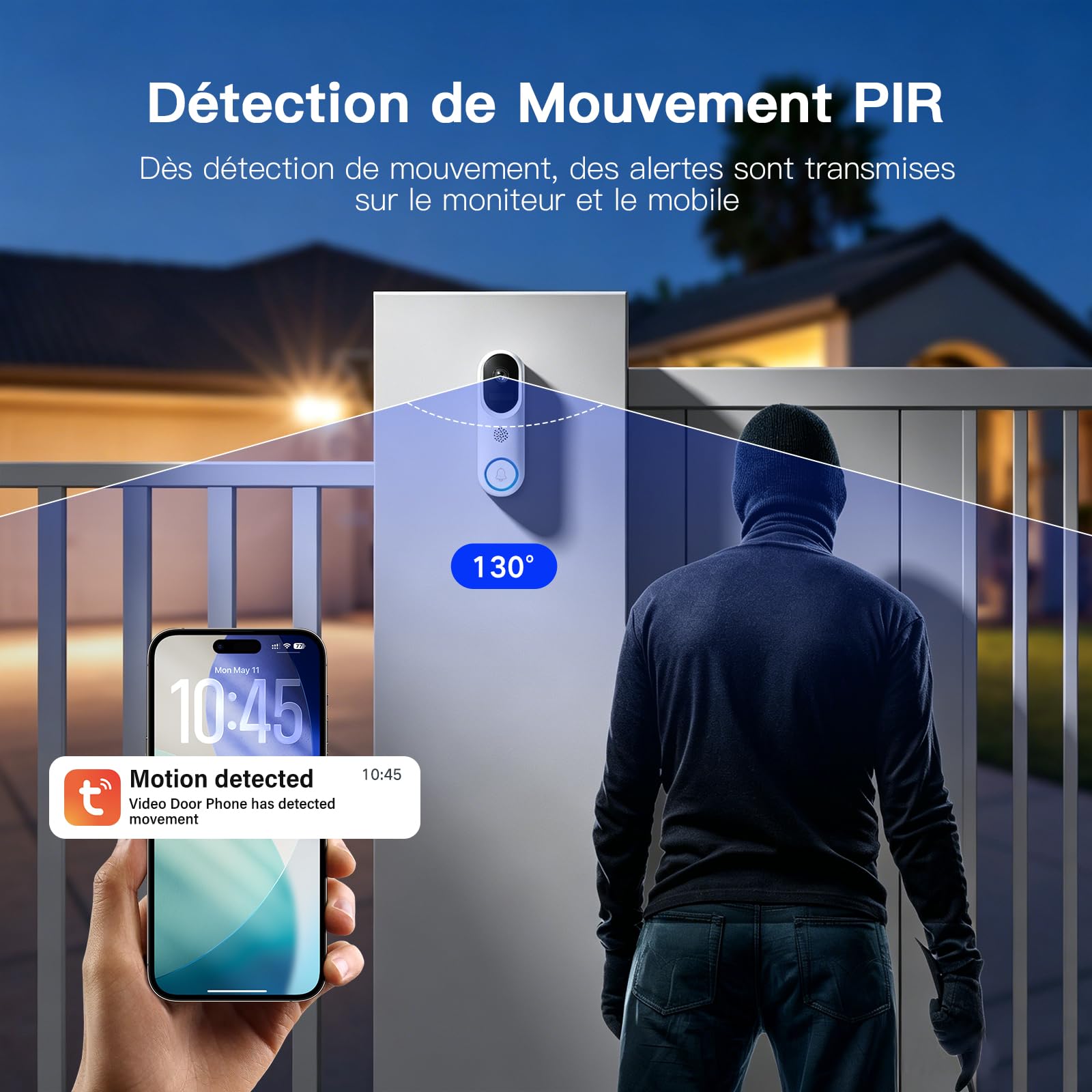 XPJ Visiophone Sonnette sans Fil avec Camera et 5" Ecran Moniteur, Interphone Vidéo Connecté WiFi 1080P, Stockage Local, PIR Détection de Mouvement, Audio Bidirectionnel, Vision Nocturne, Tuya APP