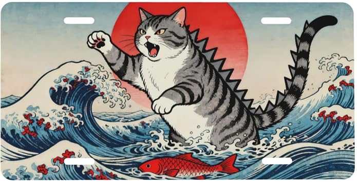 Wave Cat Fish Sun Front License Plate for Women Car Vanity Plates Decorative Aluminum Metal Cute Novelty License Plate Cover for Men 6x12 Inch 4 Holes