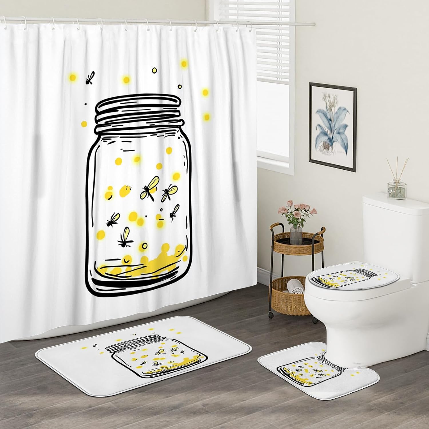 4PCS Kids Watercolor Firefly Bathroom Accessory Sets with Non-Slip Rug, U Shape and Toilet Lid Cover Mat, Funny Cute Insect Bathroom Decorative-72''x72''