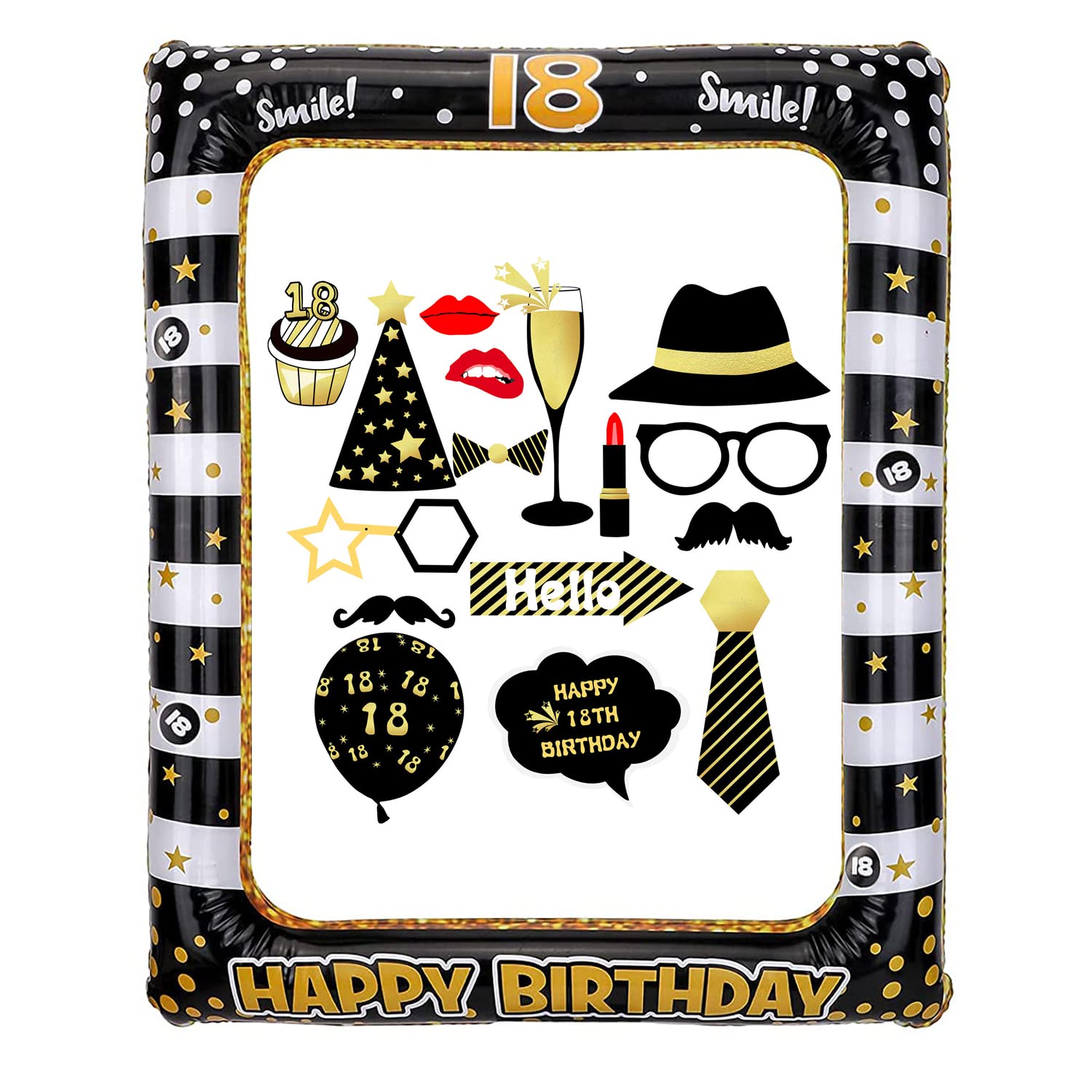 Zanpoon Girls 18Th Birthday Inflatable Selfie Frame And Photo Booth Props Giant Black Gold Blow Up Decorations For Boys Birthday Party Supplies Theme Party Kit