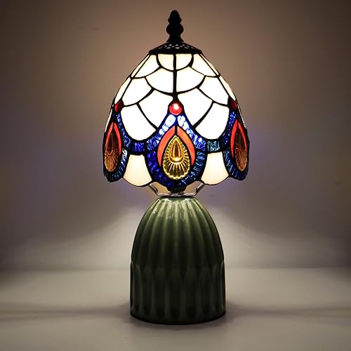 Miniatura 10 de Tiffany Lamp Stained Glass Mushroom Table Lamps 6X6X12.5 Inch Brownish Green Pearl Style Small Night Light Ceramic Base Mini Accent Desk Light