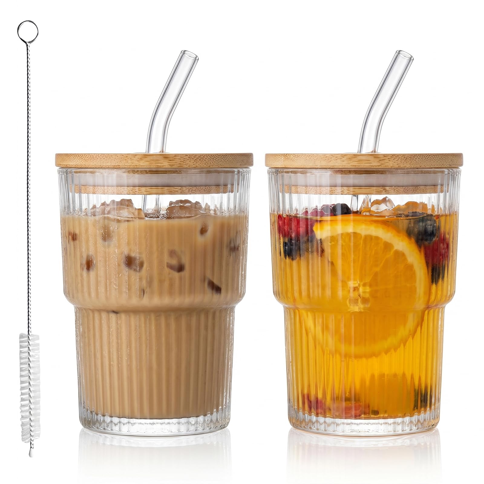 Tel Charme * 2 Pack 400ml Glass Tumbler with Wooden Lids, Straws & Straw Brush, Ribbed Iced Coffee Cups, Clear Leak Proof Glasses for Iced Latte, Matcha, Juice, Smoothies & Cold Drinks