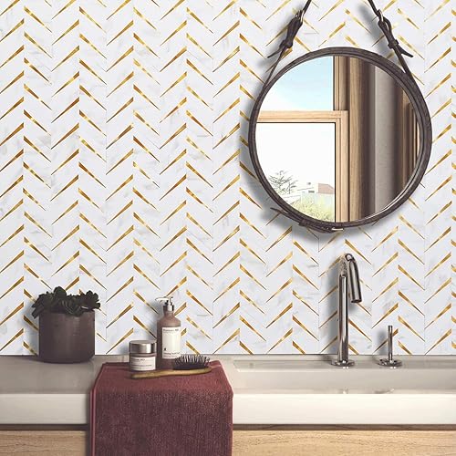 Miniatura 6 de DICOFUN 10 hojas de mármol blanco pulido con diseño de espiga de espiga para cocina, PVC mezclado metal dorado Chevron Stick en azulejos de pared