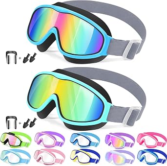 2 Pack Kids Swim Goggles for 3-14, Fabric Strap Wide View Anti Fog& UV