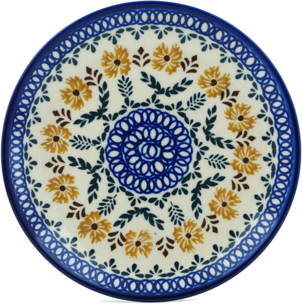 Polmedia Polish Pottery Dessert Plate - Golden Flower Garden Pattern Handmade in Boleslawiec Poland by Ceramika Bona + Certificate of Authenticity