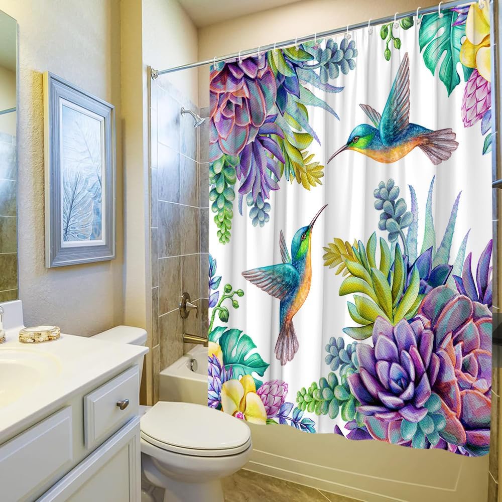 Bird Flower Shower Curtain Hummingbird Cactus Succulents Purple Floral Vintage Garden Nature Tropical Plant Bathroom Decor Set Polyester Fabric Curtains with Hooks 90Wx70H Inch