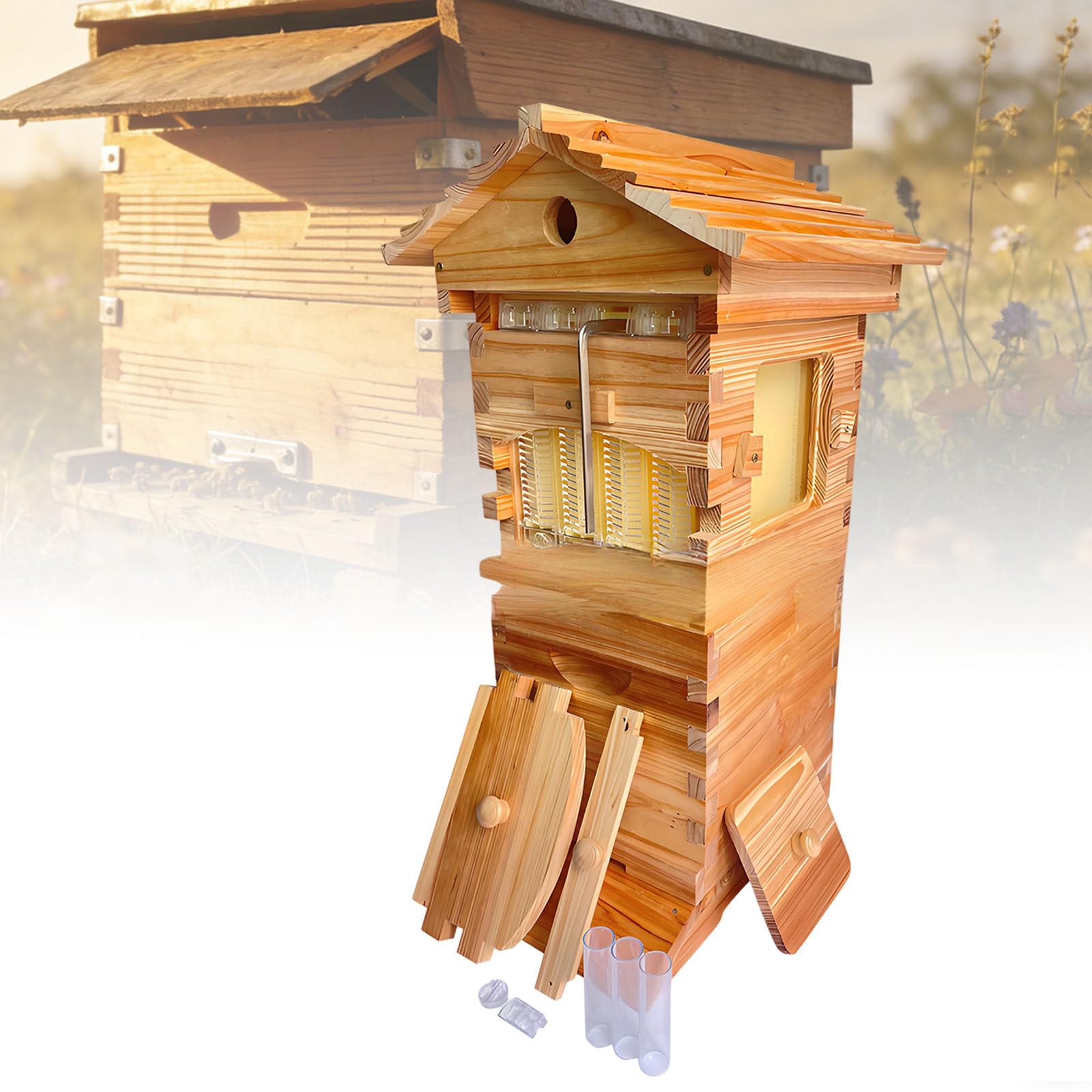 Ymnogjie Self Flow Hive Beehive Starter Kit with Observation Window and Honey Spout,Includes 4 Bee Frames and 6 Honeycomb Trays,for Beekeeping,Garden Pollinators