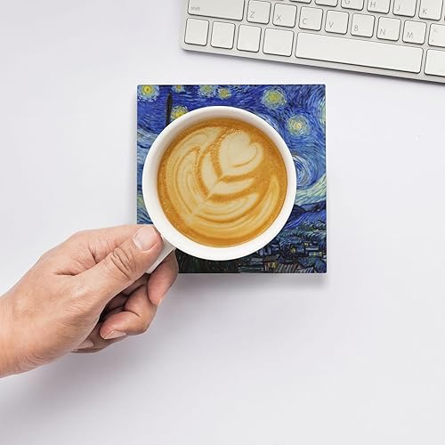 Miniatura 6 de Juego de posavasos de cerámica para bebidas con base de corcho, utiliza 6 pinturas famosas de Van Gogh, regalos únicos de inauguración de la casa
