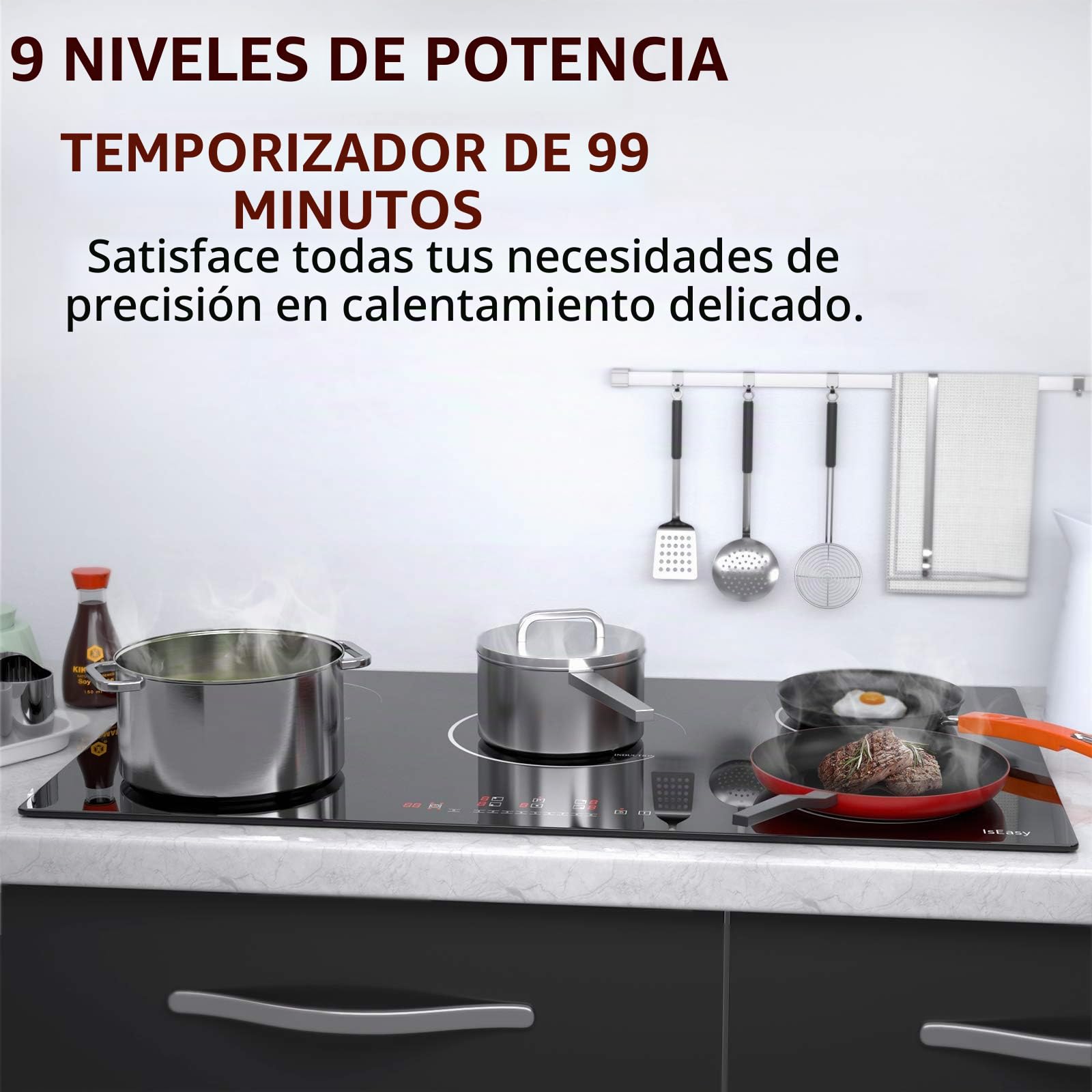 Placa de inducción, placa de cocción de inducción eléctrica (8600 W, Autarkic, 5 fuegos, 90 cm, empotrada, táctil, temporizador, cristal cerámica)