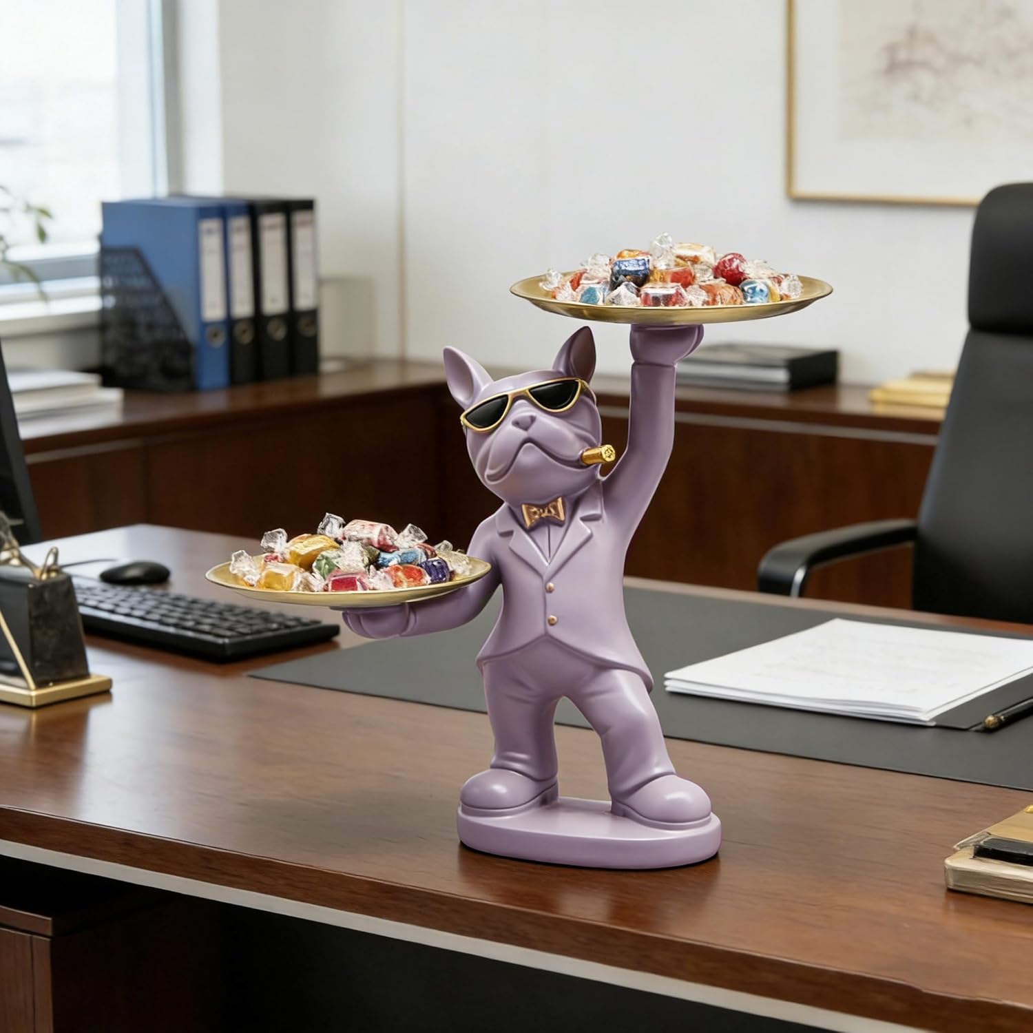 Huhote Candy Dish French Bulldog Decor Tray Statue, Key Holder Bowl Modern, French Bulldog Accessories Candy Bowl for Office Desk Home Decor Figurines Entryway Table Decor (Purple Gray)