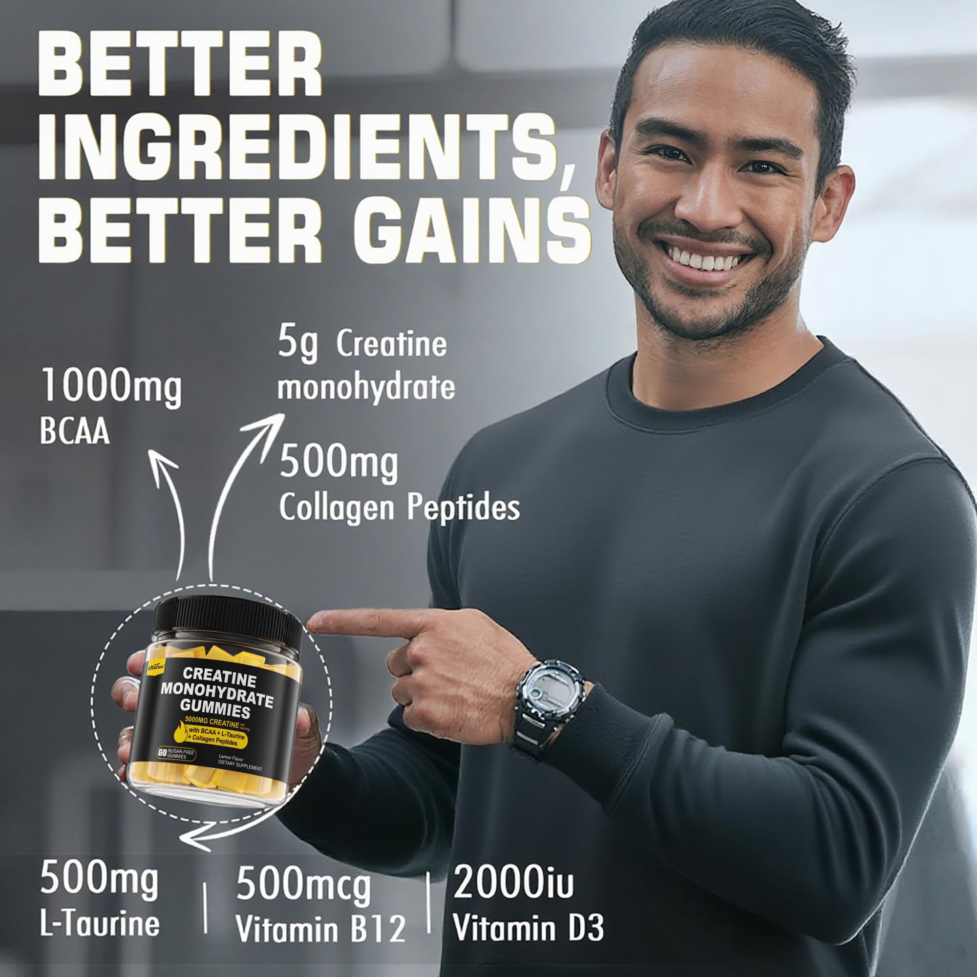 Creatine Monohydrate Gummies for Men & Women - with BCAA, Collagen Peptides, L-Taurine, Vitamin B12, D3, Chewables Creatine Monohydrate 5g Per Serving, Natural Lemon Flavor, Sugar Free, 2 Pack — Amazon image 6