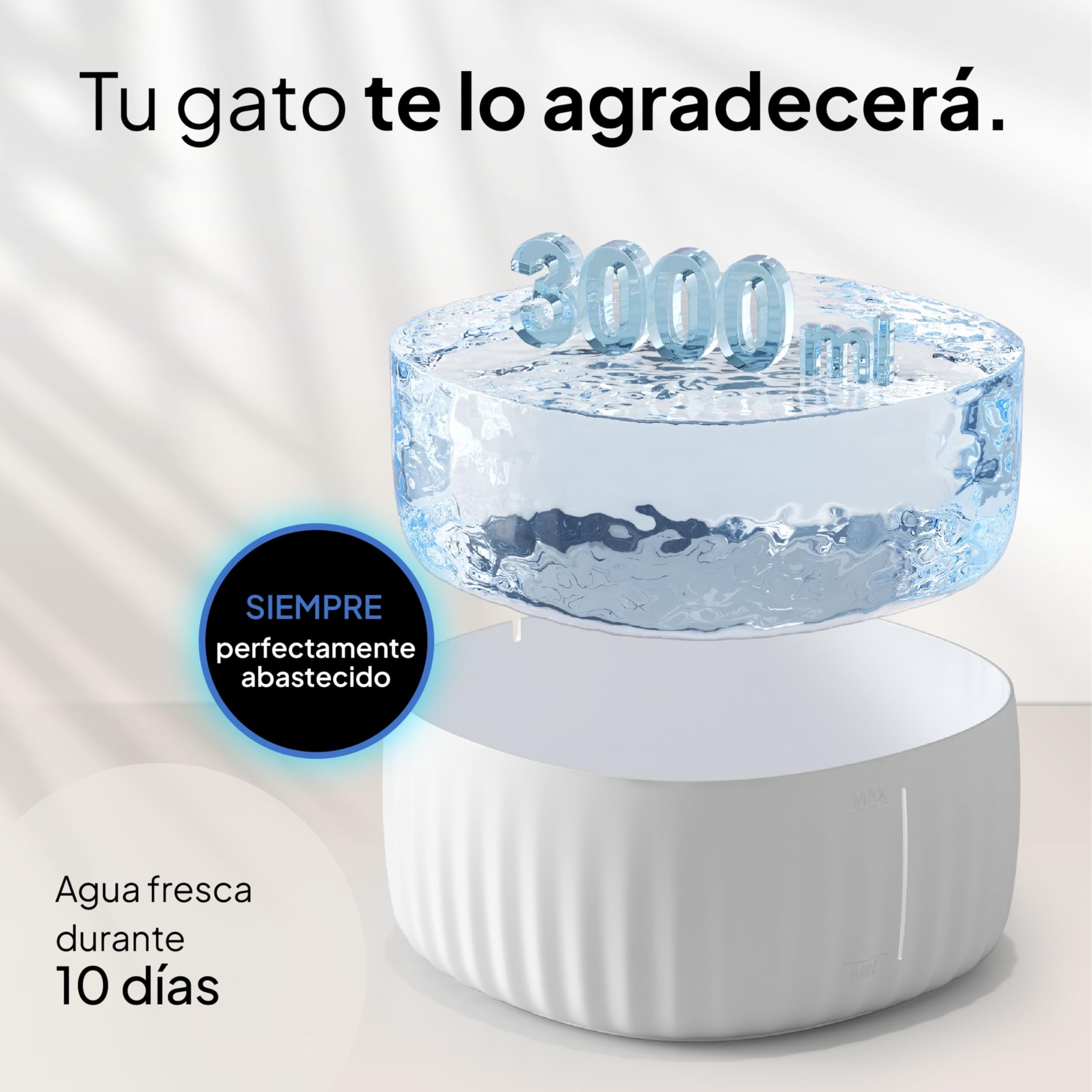 Pretty Paw Fuente de Agua para Gatos 3L con Indicador LED MIN/MAX - Funcionamiento Silencioso y Fácil Limpieza, Bebedero Automático con Filtro para Interior - Aquaflow (Blanco)