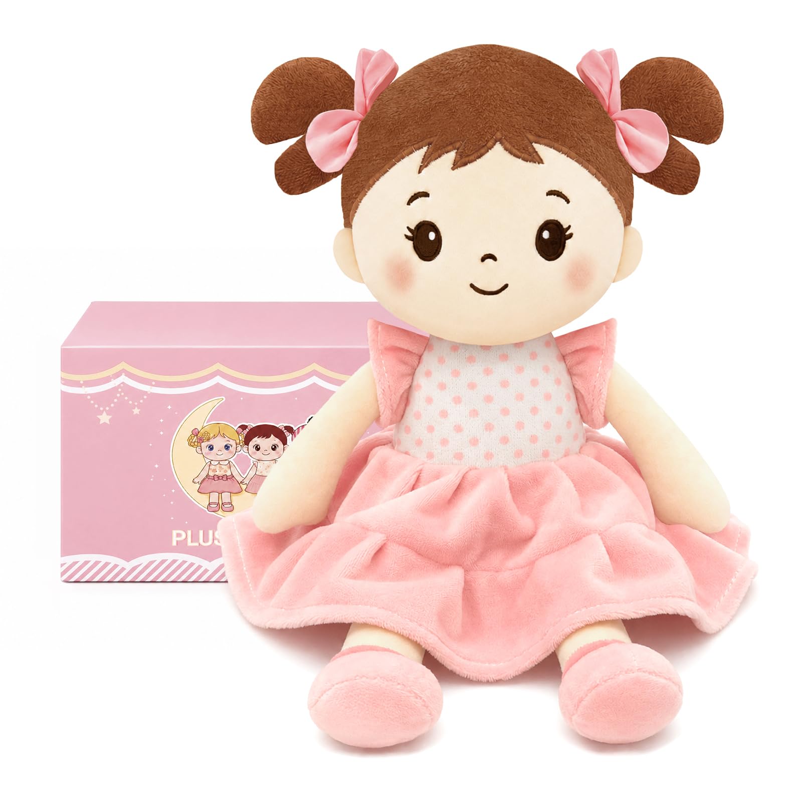 Xfrog Soft Baby Doll Plush Toy, Cute Rag Dolls for Girls Toddlers, Cuddly Princess Stuffed Toys, Kids Companion Plushies Gifts for Birthday Dot Girl