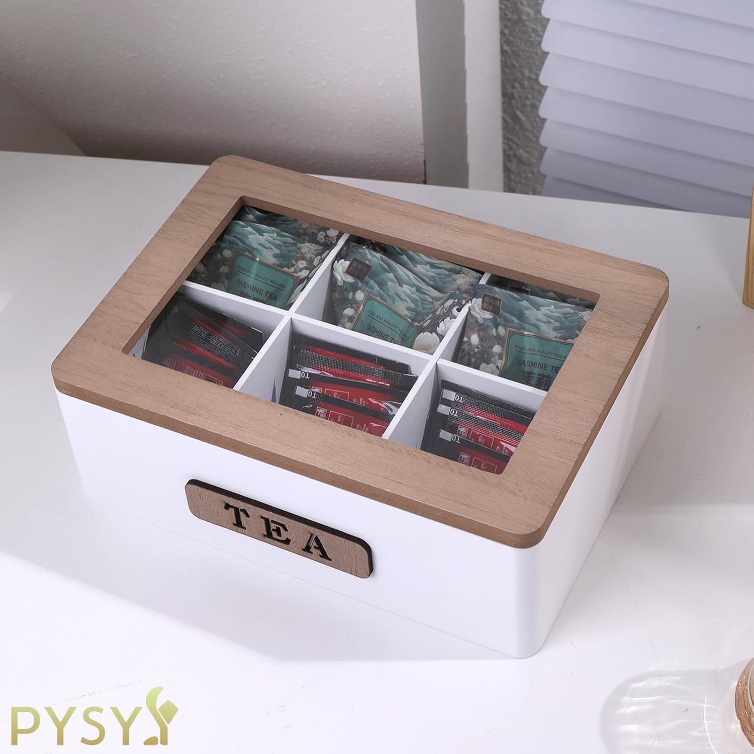 tea bag and Coffee bag storage box wooden Six-compartment tea box image 4