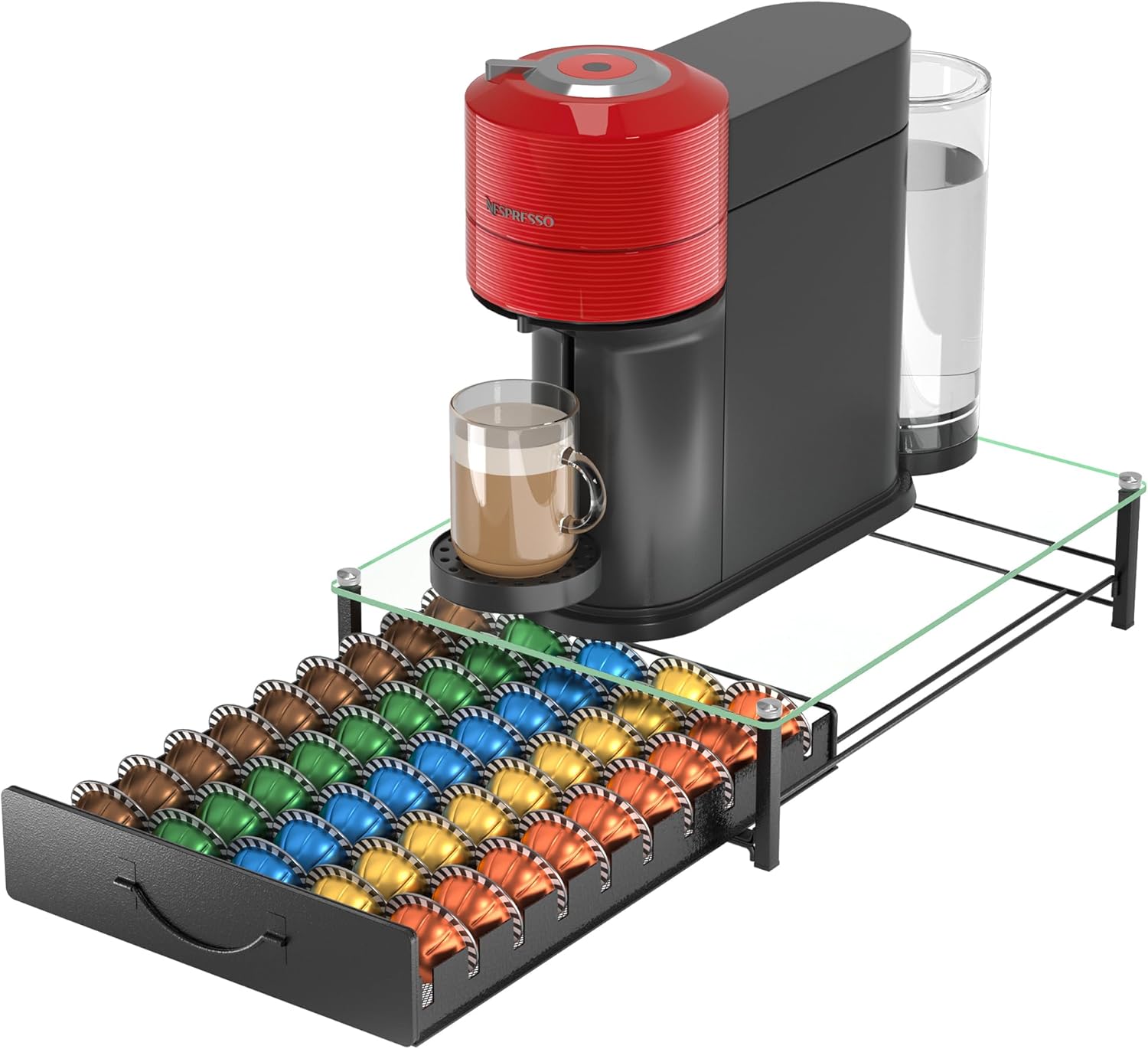 HFHOME Glass Top Coffee Pod Holder Compatible with 50 Vertuo Pods, Crystal Tempered Glass Coffee Capsules Drawer, Capsule Storage Organizer for 40 K-Cup Pods Office Home Counter, Black