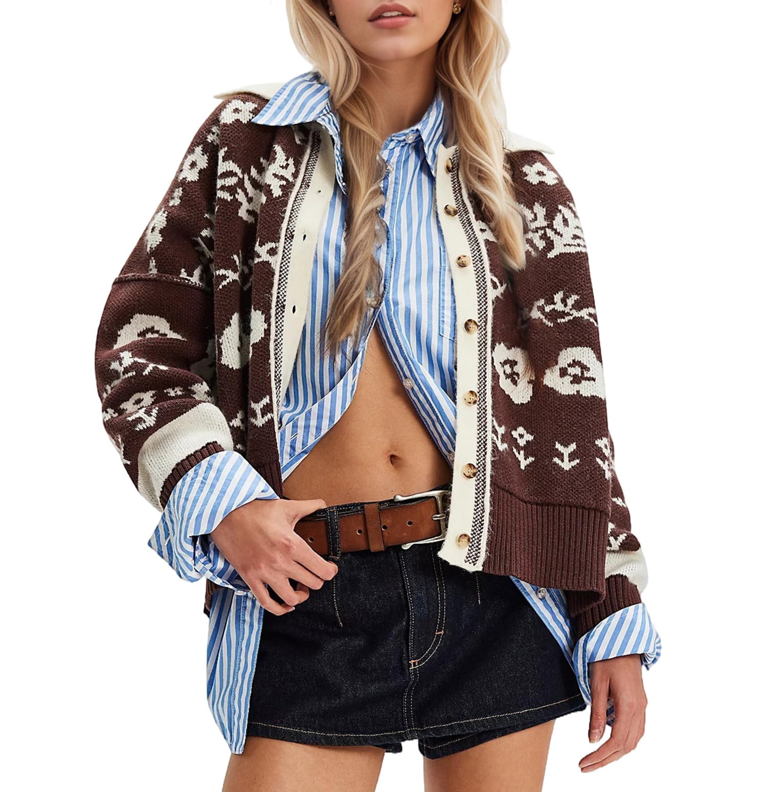 Floral Cropped Cardigan Sweaters for Women V Neck Long Sleeve Button Down Cardigans Color Block Knit Tops Fall