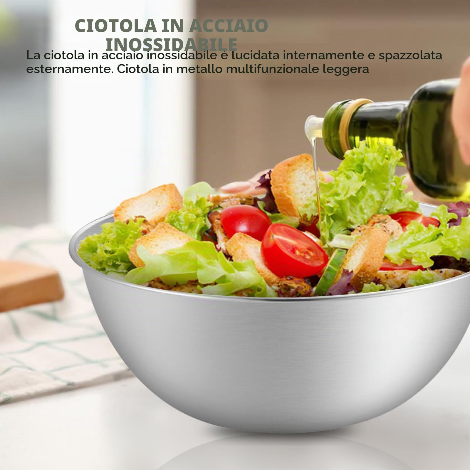 Set Di 6 Ciotole in Acciaio Inox, Ciotola Insalatiera, Ciotole Acciaio Inox con Misurazione, Lavabili in Lavastoviglie, Impilabili, per Ciotola di Cereali, Salse, Snack, Mescolare (1.2L, Ø 19.3 cm)