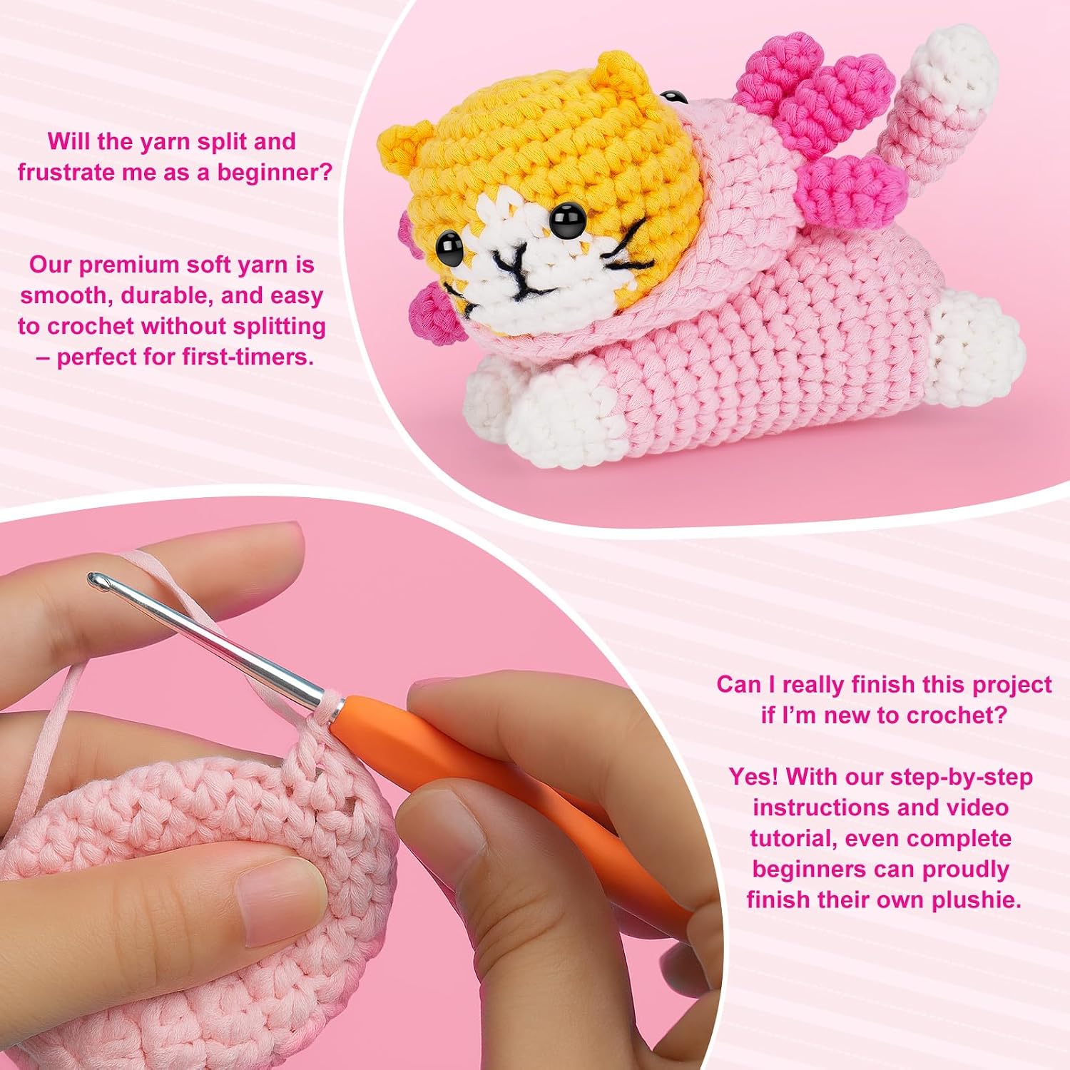 Crochet Kit for Beginners, Cat Dress in Axolotl Crochet Kit, Complete Crochet Animal Kit with Step-by-Step Video Tutorials, Easy Knitting Kit for Adults, DIY Cat Craft Kit for Galentines Gifts