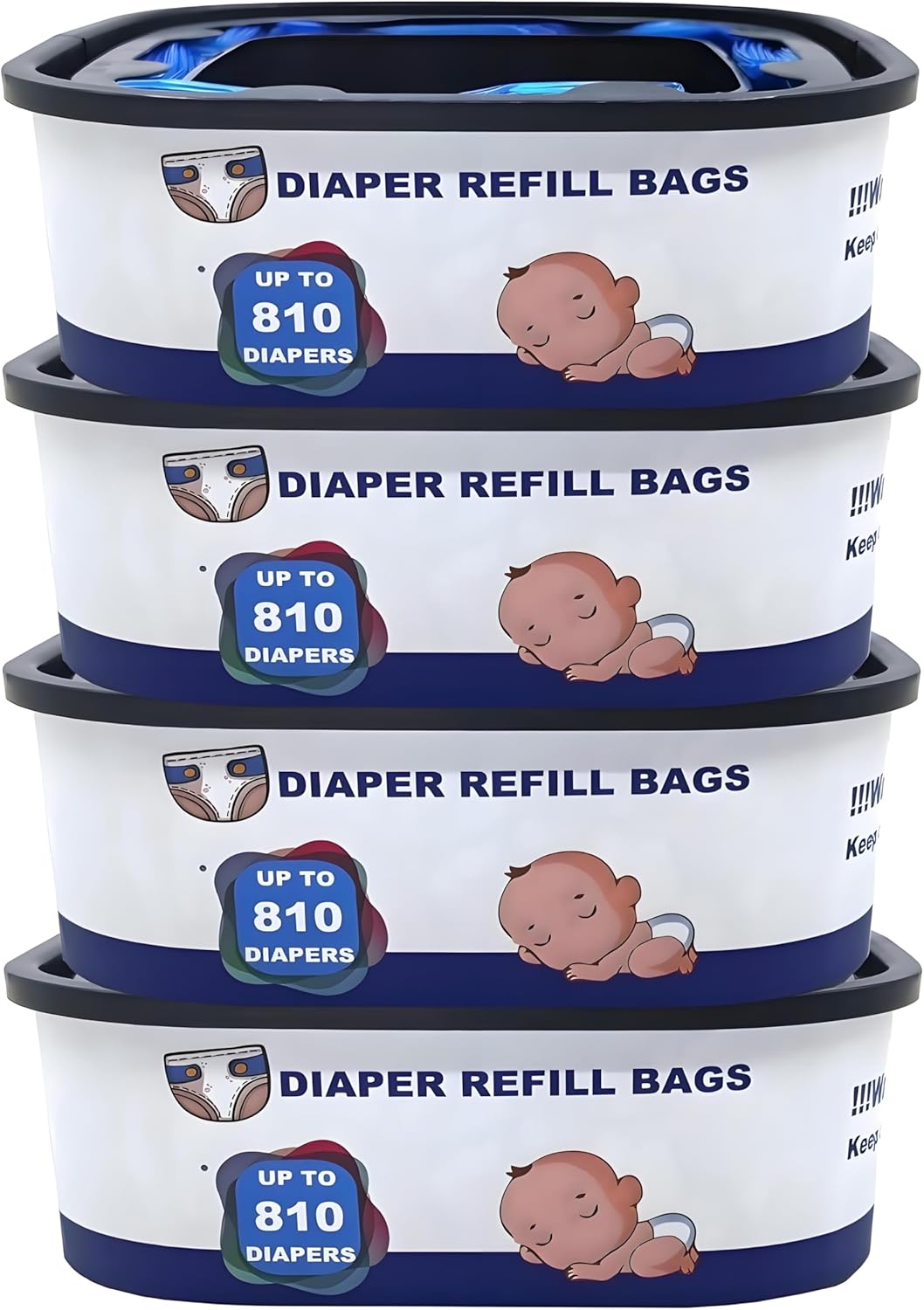 Square Diaper Refill Bags Compatible with Genie Diaper Compact and Select Pails,Hold up to 810 Newborn Sized Diapers Per Refill,4 Pack