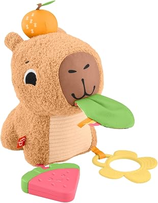 Fisher-Price Capibara Abracitos y jueguecitos Juguete sensorial de peluche con sonajero y mordedor para bebés recién nacidos a partir de 3 meses, HYR54