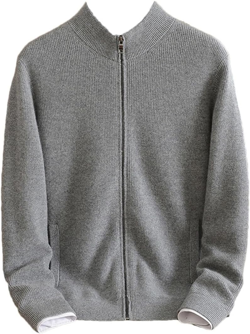 Men's Autumn Winter Stand-Up Collar Zipper Cardigan with Pocket Middle-Aged Cashmere Sweater Thickened Jacket