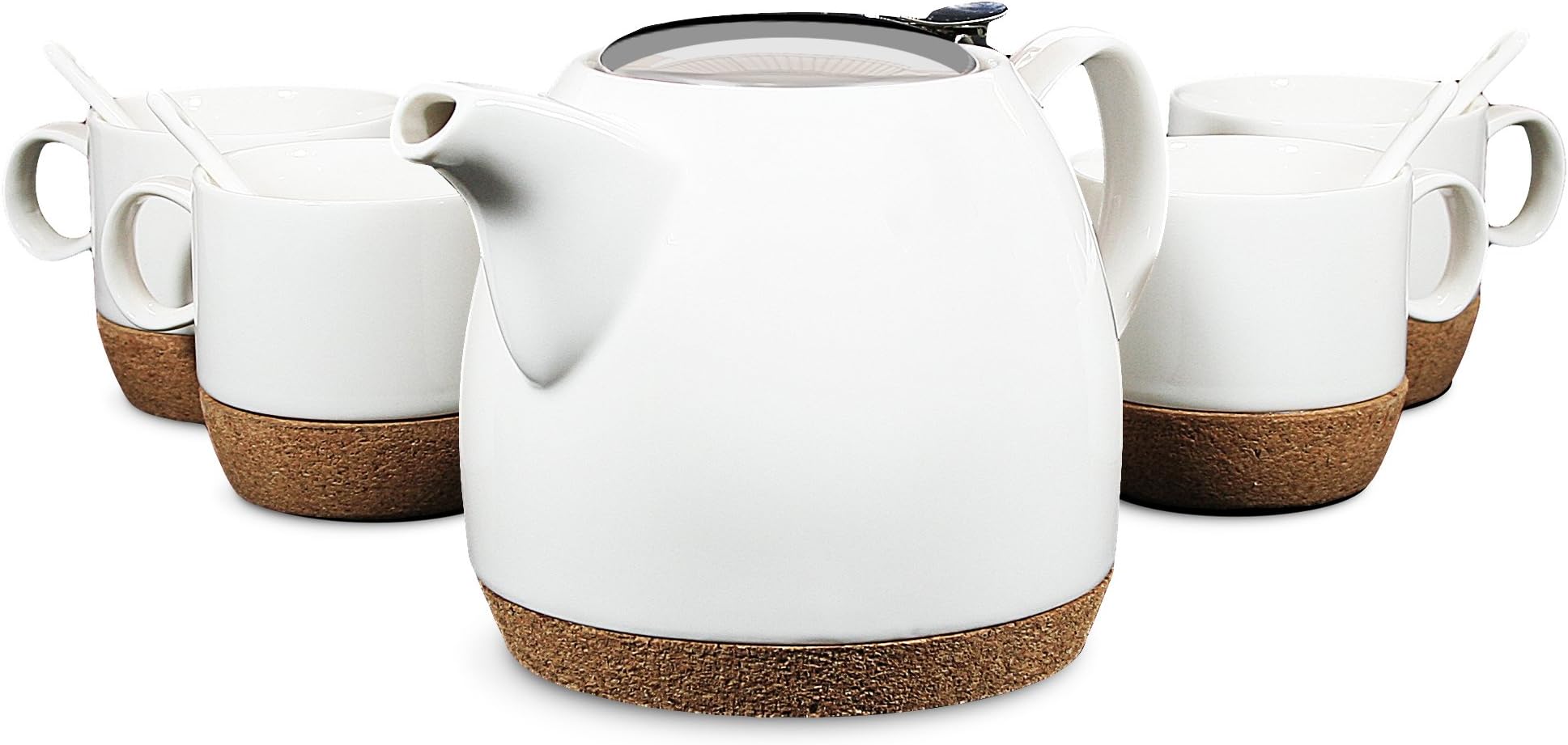 Tea Branch - Hailey Ceramic Tea Set For 4, Modern Teapot 22 oz, 4 Tea Cups, 4 Tea Spoons, Tea Pot Infuser, Anniversary Gift Set, Couples Gifts, For Adults, Zen, White