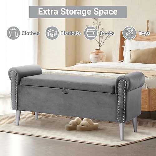 Miniatura 5 de Banco de almacenamiento de 47 pulgadas de largo para dormitorio banco otomano de almacenamiento de terciopelo tapizado copetudo con brazo enrollado