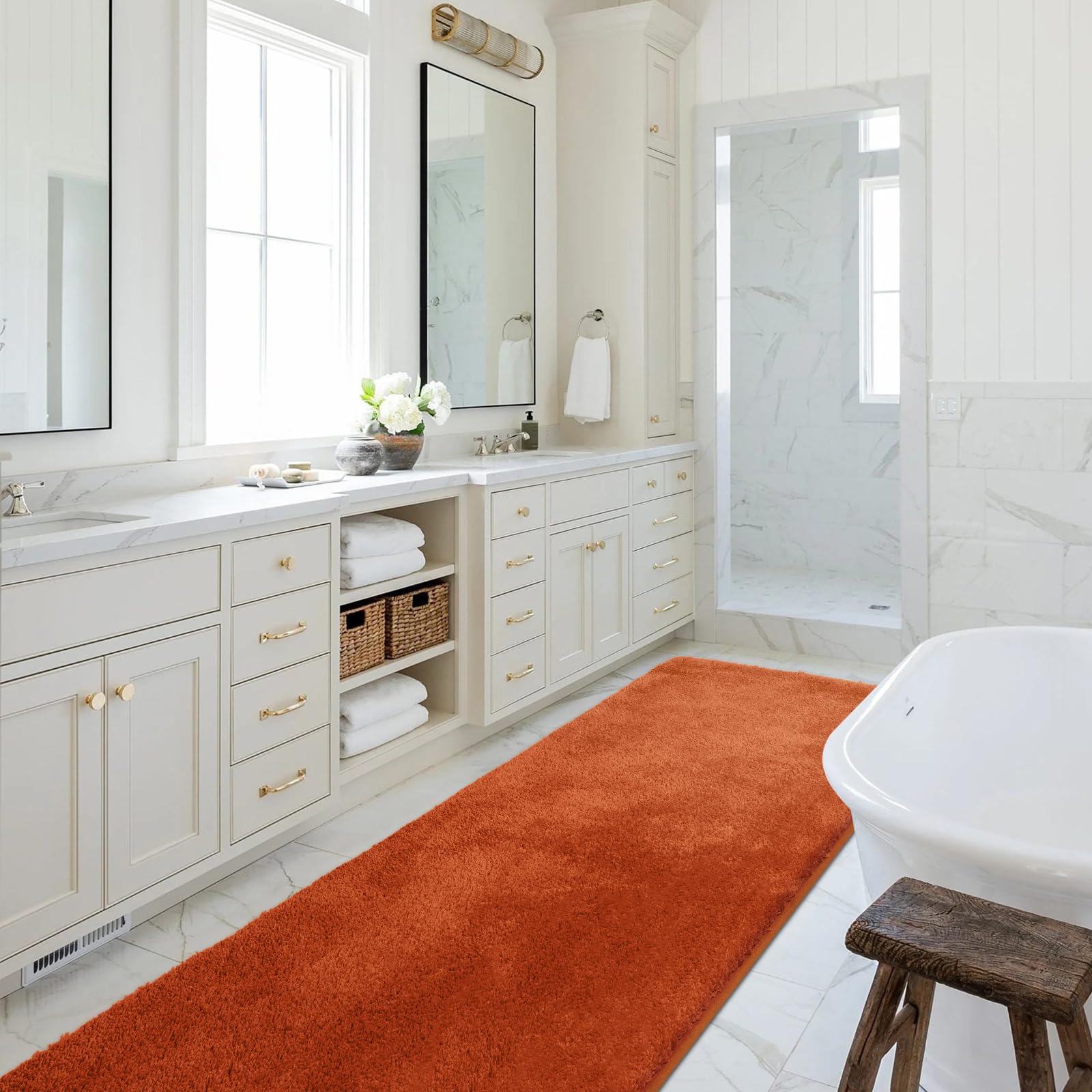 SOANNY Orange Bath Mat, Large Shower & Tub Runner Bathmat Rug, Non-Slip, Machine Washable, Absorbent, Soft Plush Floor Mat for Hallway Kitchen Entryway Laundry Bedside Patio Door, 60 x 120 CM