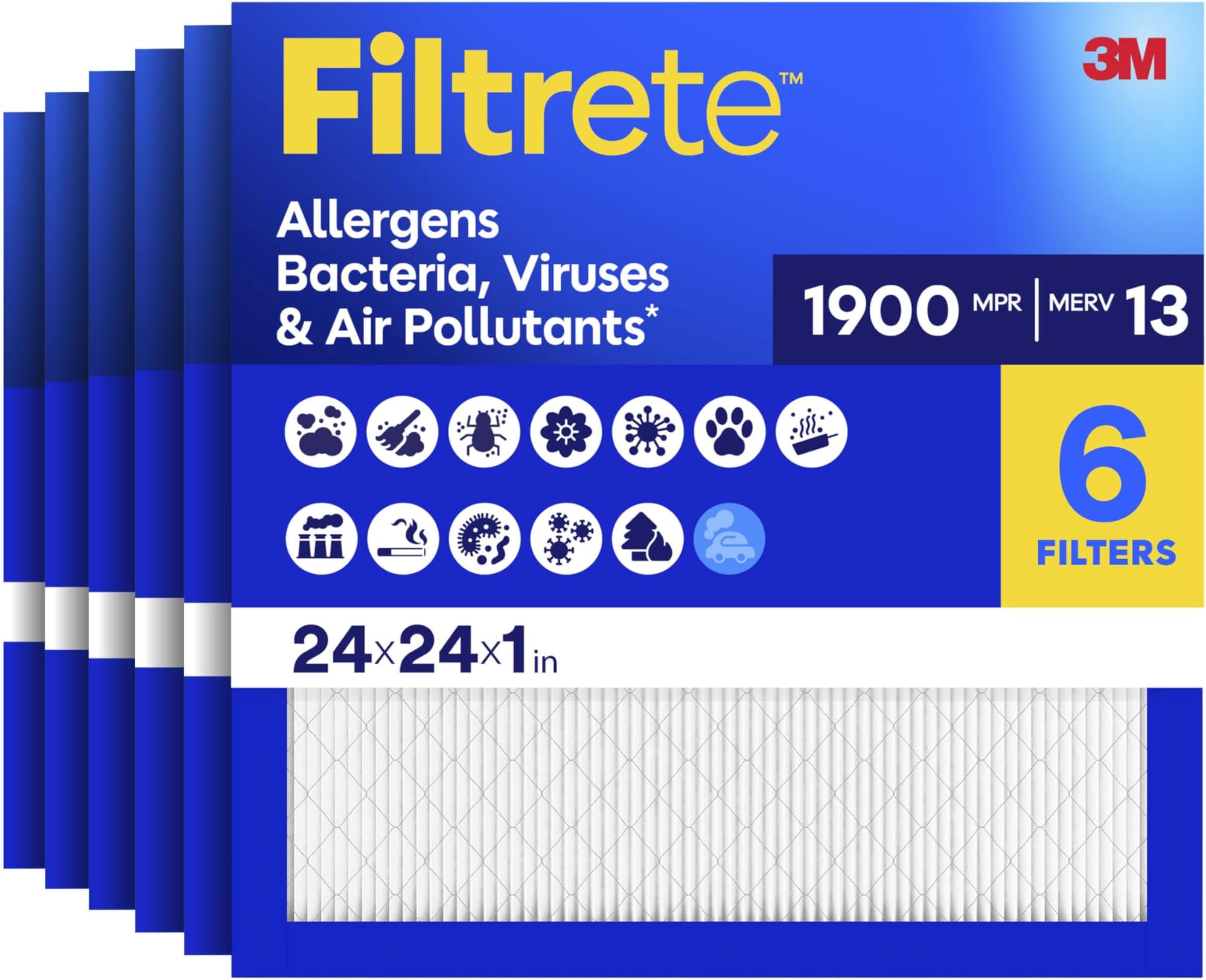 Filtrete 24x24x1 Air Filter, MERV 13 MPR 1900, Allergens, Bacteria, Viruses & Air Pollutants, 3-Month AC/Furnace Filters, Cleaner Air Reliable Airflow, 6 HVAC Filters(Act Size 23.81x23.81x0.78 in)