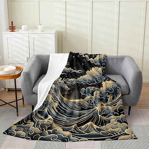 Erosebridal Japanese Great Waves Flannel Blanket Queen Inch Asian Sea Wave Fleece Blanket Nautical Black Gold Clouds Fuzzy Plush Throw Vintage Retro
