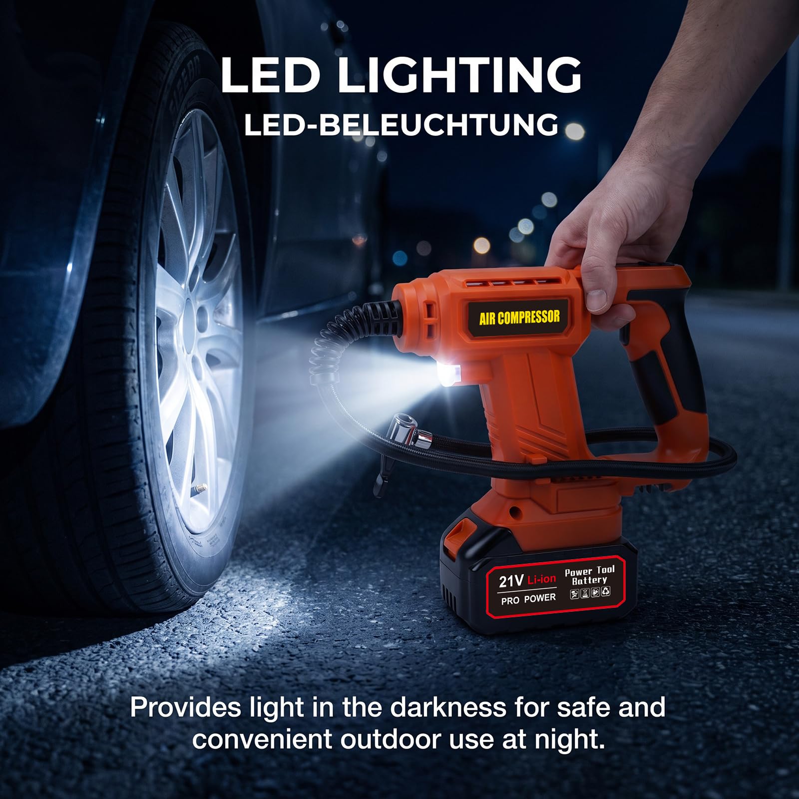 Kabelloser Auto-Luftkompressor, Luftkompressor mit Li-Ionen-Akku, Autoreifen-Pumpe mit LED-Licht für Autos, Motorräder, Fahrräder Sportbälle