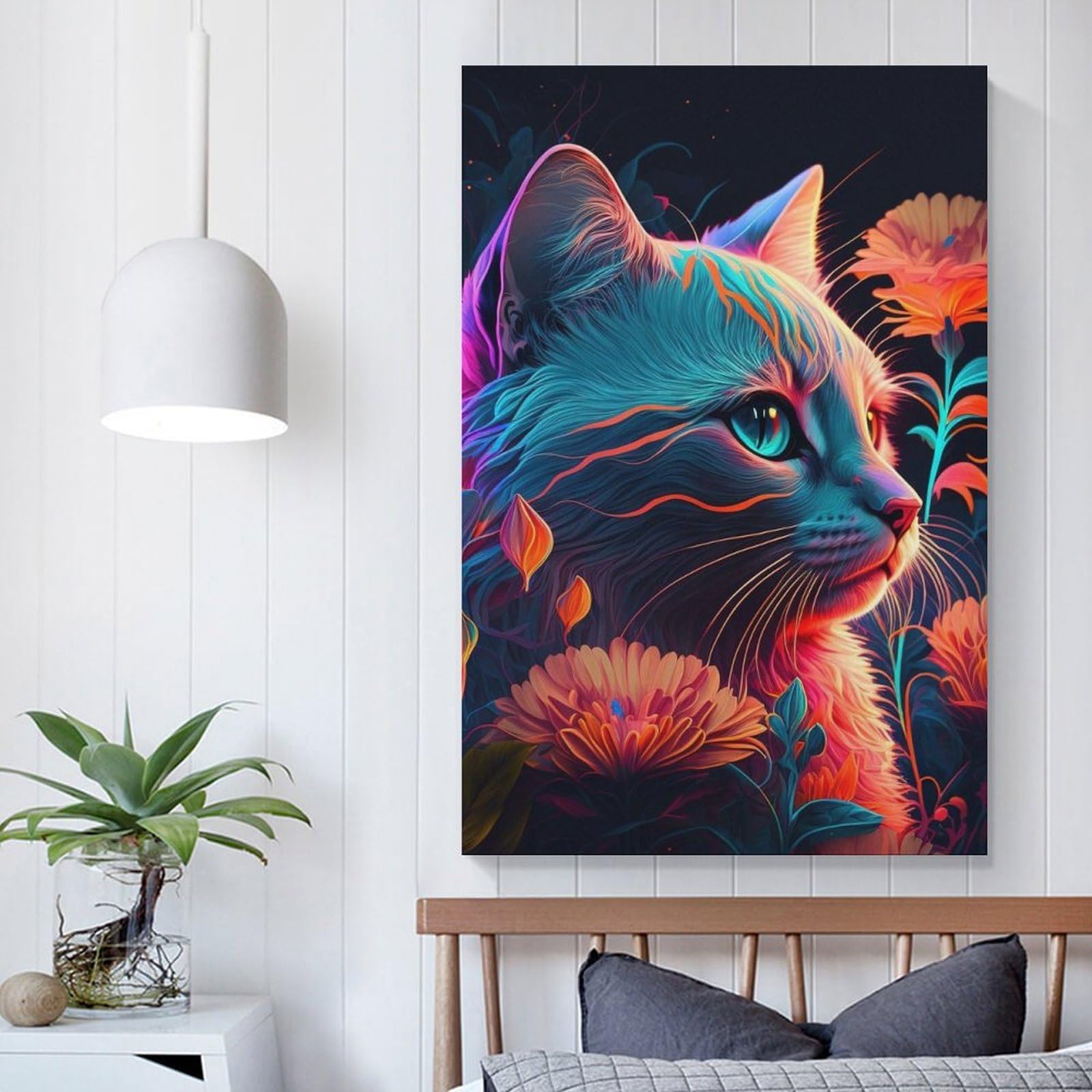 Chat et fleur néon 7 tableaux muraux salon et intérieur ado