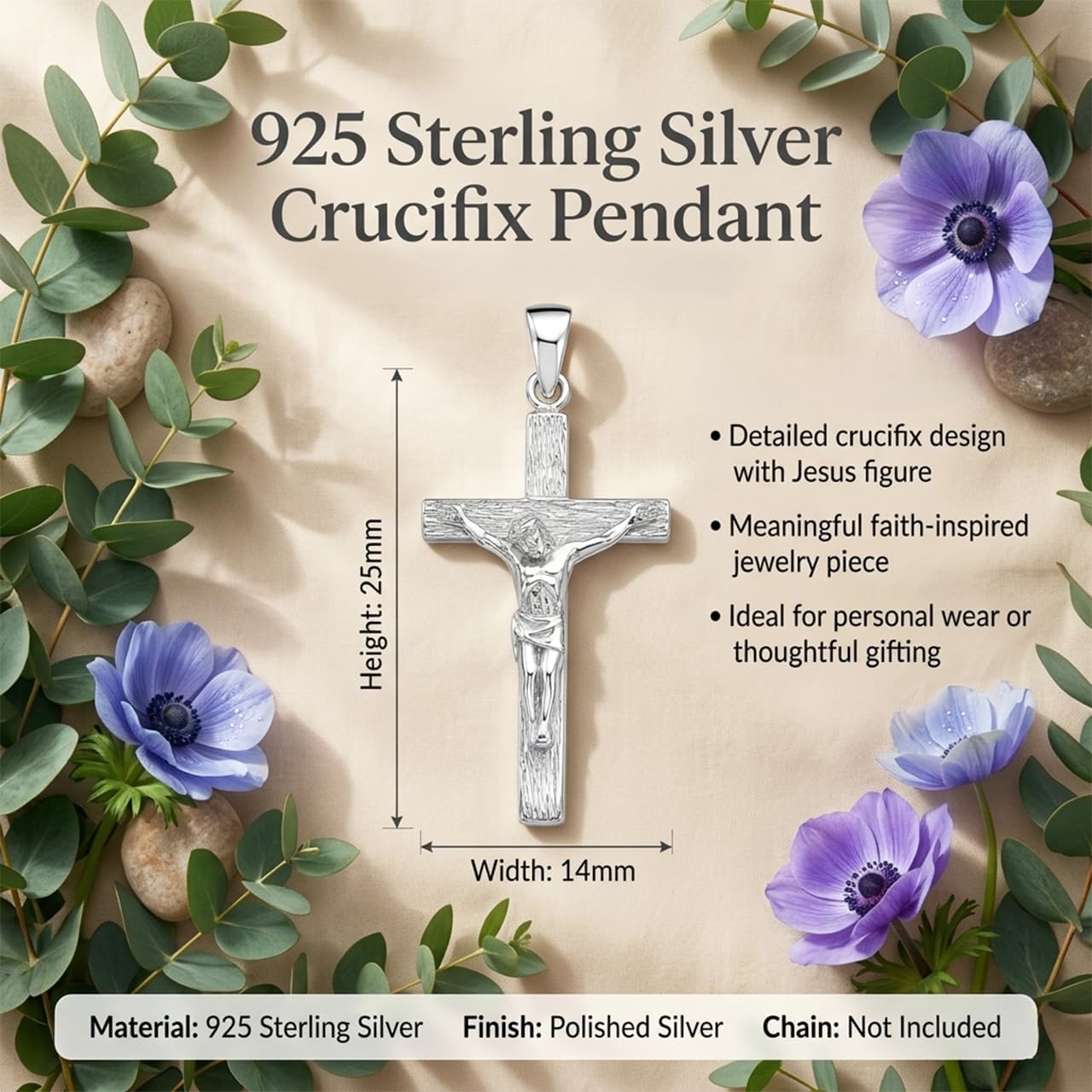 925 Sterling Silver Crucifix Cross Pendant, Tiny Small Jesus Charm for Religious Jewelry (14 mm x 25 mm)