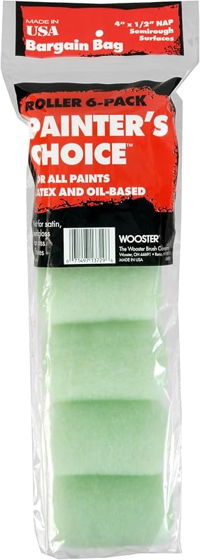 Wooster Brush R271-4 Painter's Choice Roller Cover, 1/2-Inch Nap, 6-Pack, 4-Inch