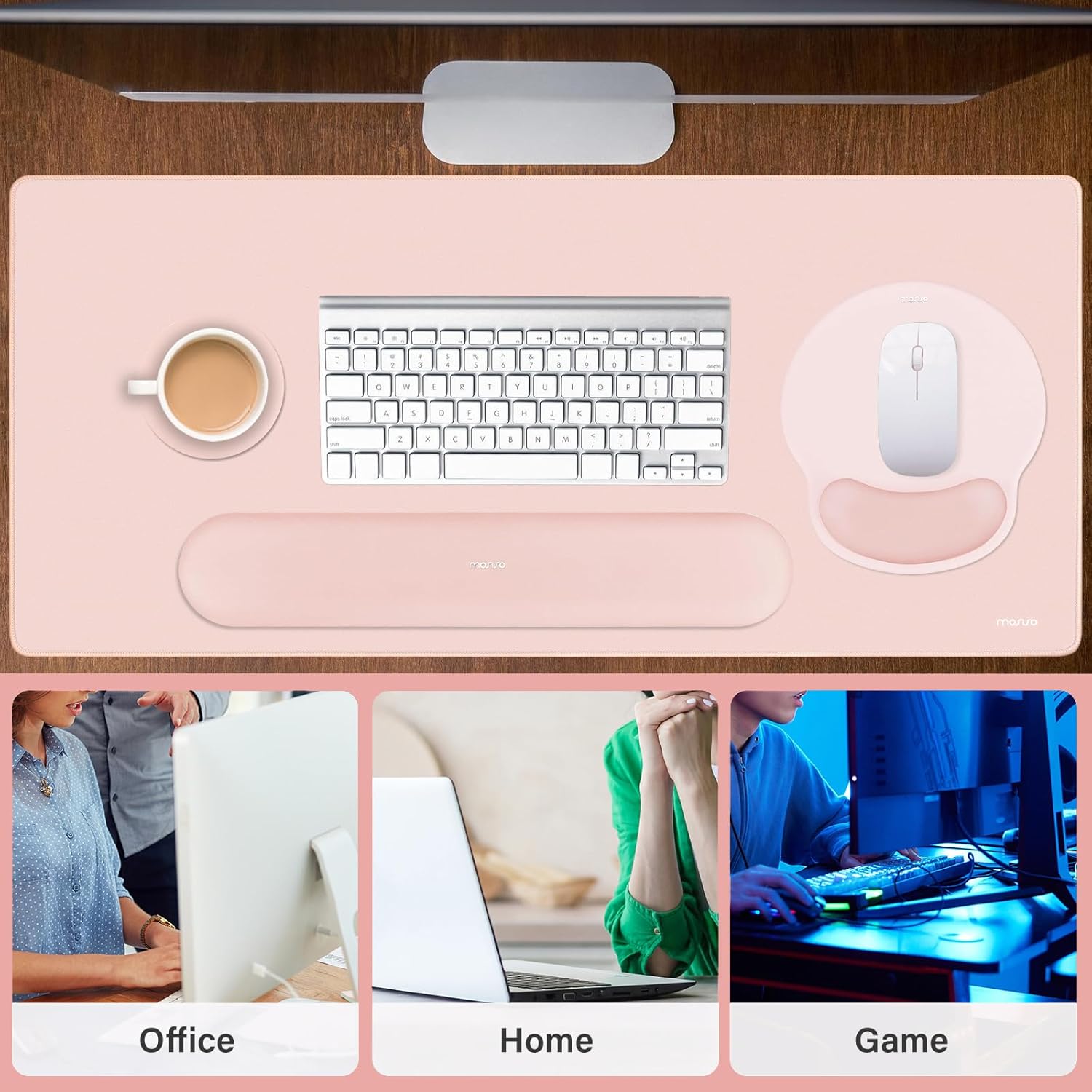 MOSISO Wrist Rest for Keyboard Mouse Pad Set, Large Gaming Deskpad&Circle Curved Mousepad&Keyboard Wrist Rest&Coaster, Ergonomic Non-Slip Mousepad&Easy Typing Pad with Silicone Lining, Baby Pink
