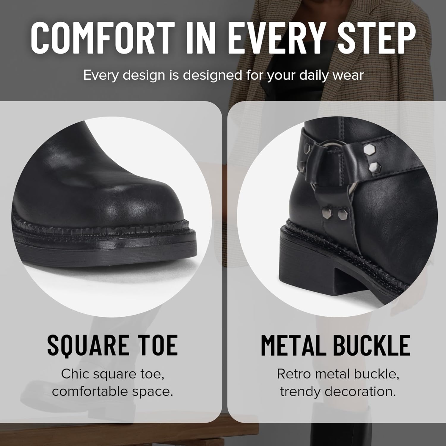 Vepose Women's Knee High Boots, Tall Riding Square Toe Chunky Low Heel Motorcycle Boots with Rivets - Image 3