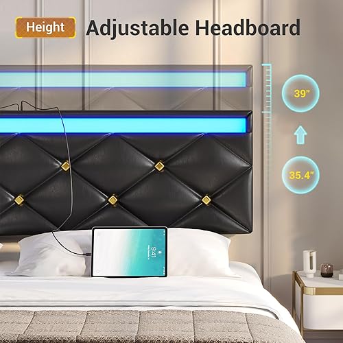 Miniatura 5 de Hasuit Base de cama flotante tamaño Queen con luces LED y estación de carga, moderna cama de plataforma Queen con cabecera tapizada de cuero vegano,