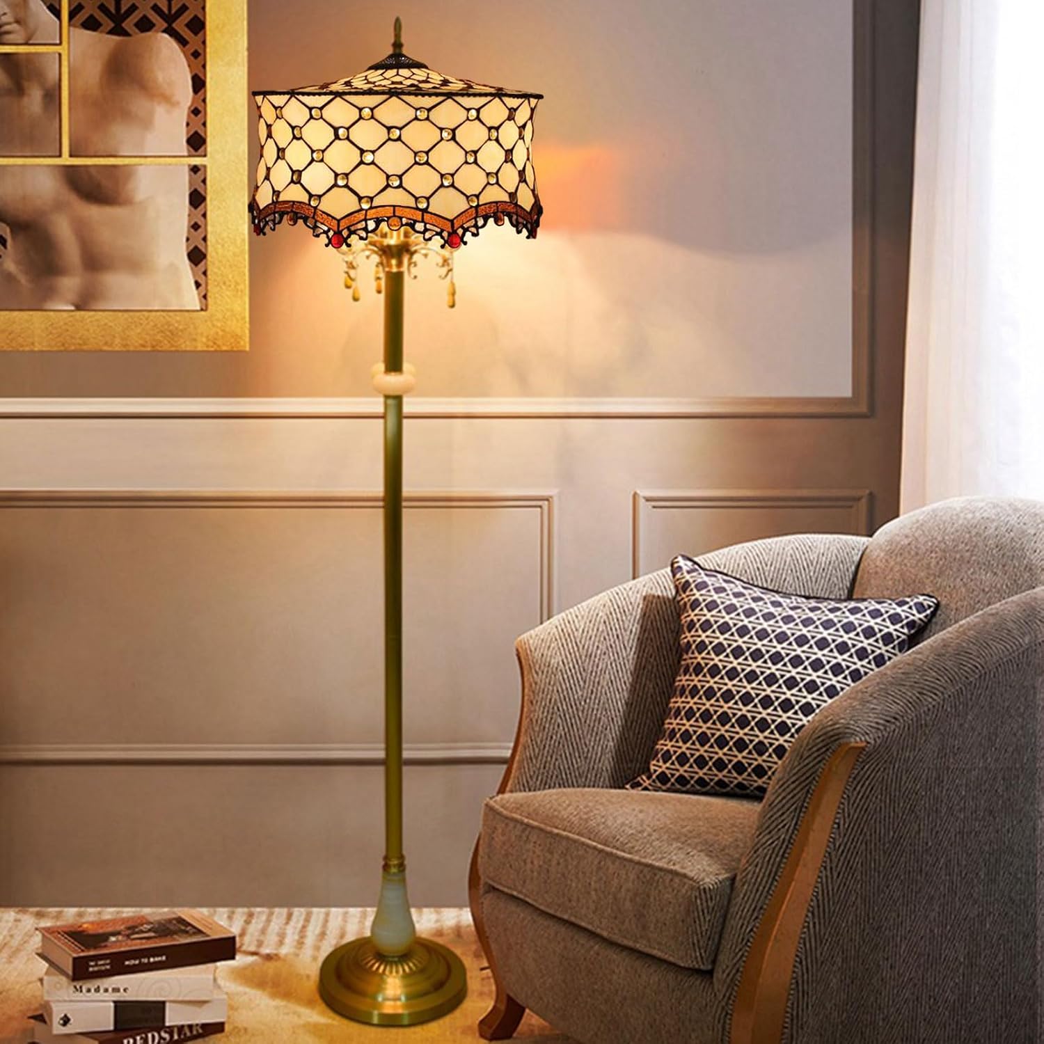 Tiffany Lamp Shade Replacement, Only 18 Inch Wide Stained Glass Lampshades, Vintage Hat Floral Light Cover for Table Lamp Pendant Light Floor Lamp,Amber Beads