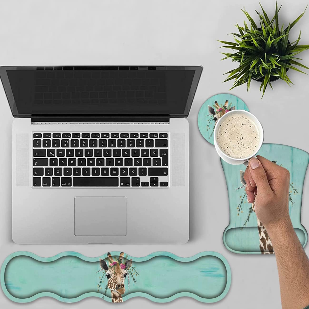 Keyboard Wrist Rest + Mouse Wrist Rest + Coaster + Invisible Hook Set, Ergonomic Mouse Pad, Wrist Pain Relief and Non-Slip Base Design, Suitable for Office and Home, Green Rustic Wood and Giraffe