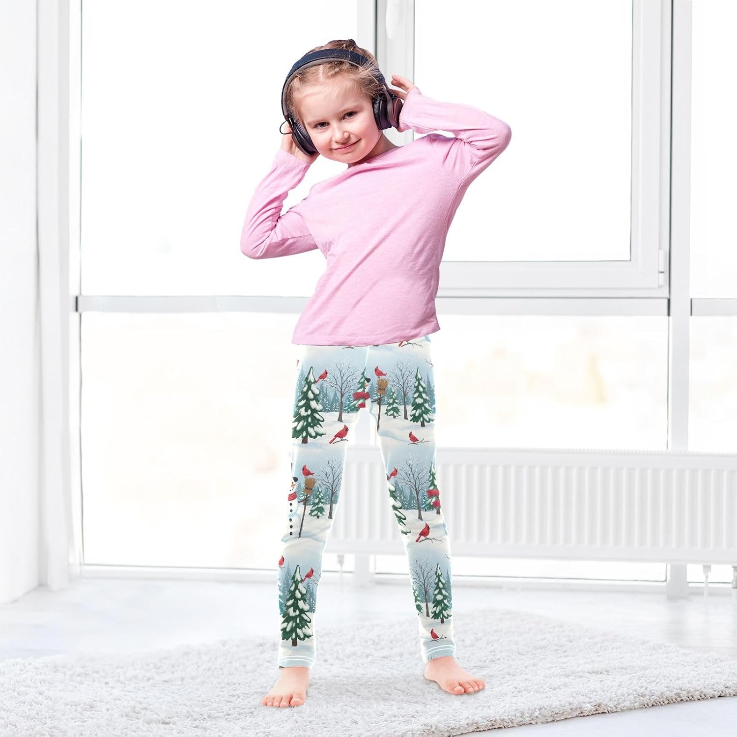 Girls Activewear Leggings Snowman Trees Birds
