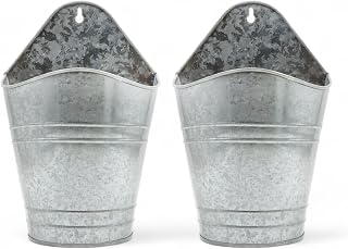 Hosley Set of 2 Galvanized Metal Wall Hanging Planters 10 Inch - Rustic Indoor Outdoor Garden Patio Floral DIY Décor