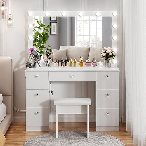 Miniatura 7 de VOWNER Vanity with Lighted Mirror - Makeup Vanity Desk with Power Outlet and 7 Drawers, 3 Color Lighting Modes Adjustable Brightness, 44" Vanity