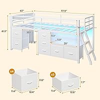 Vista 2 de ADORNEVE Cama baja tipo loft tamaño individual con 7 cajones de almacenamiento, estantería y luces LED, cama alta de metal para niños con barandilla