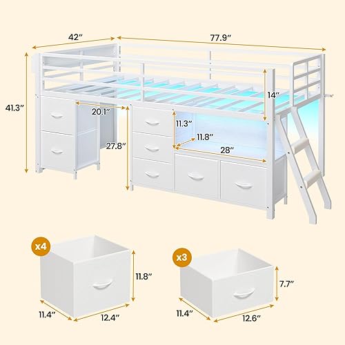 Miniatura 2 de ADORNEVE Cama baja tipo loft tamaño individual con 7 cajones de almacenamiento, estantería y luces LED, cama alta de metal para niños con barandilla
