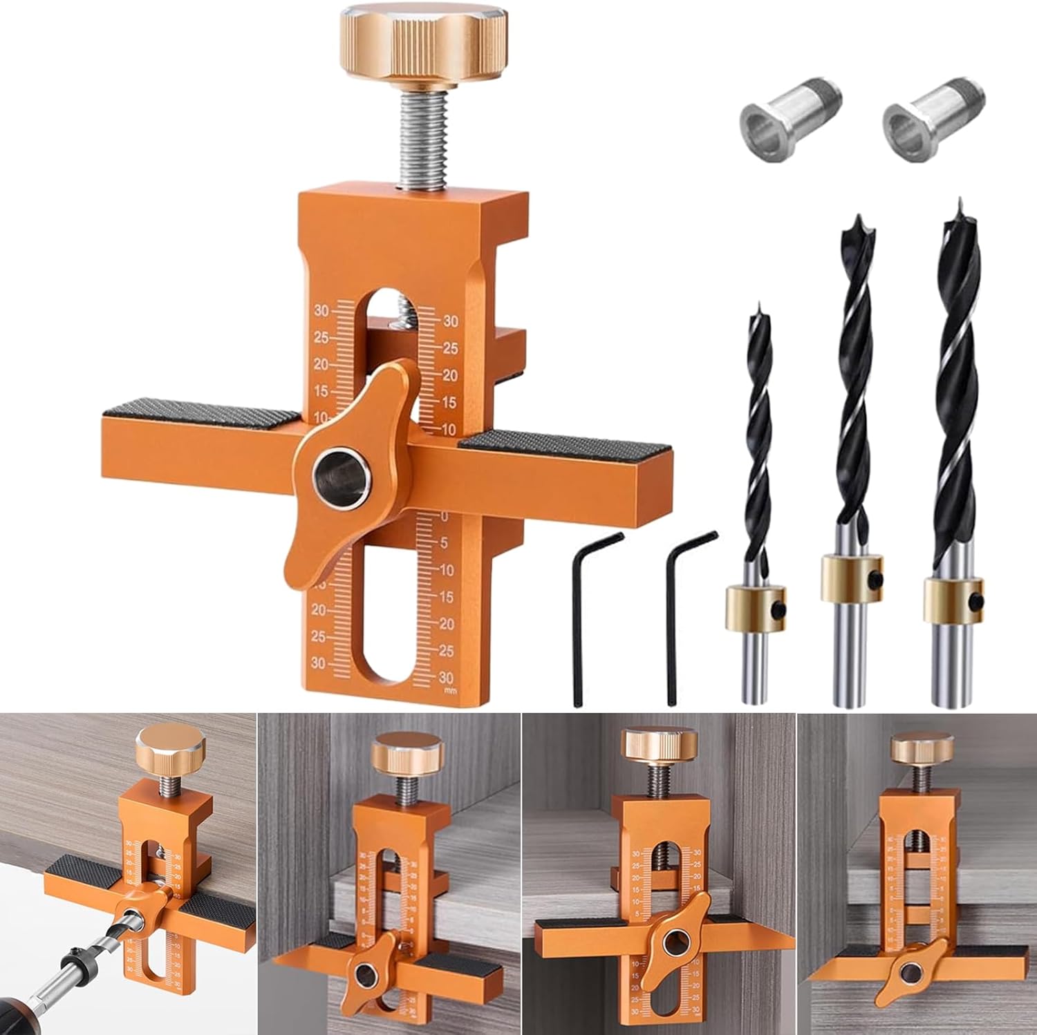 Cabinet Door Installation Jig, 2-in-1 Mounting Tool with Adjustable Positioner, Aluminium Alloy Versatile Cabinet Door Positioning Tool for Most Cabinet Doors with 3 Drill Bits (Orange)