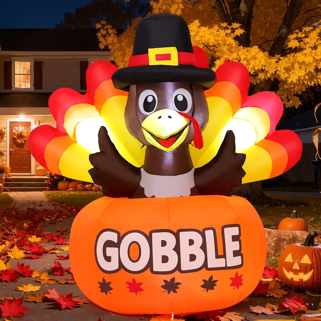 GOOSH 4FT Thanksgiving Inflatables Turkey Outdoor Decorations with Built-in LED Lights,Blow Up Turkey with Pumpkin for Lawn Yard Garden Party House Holiday Decor