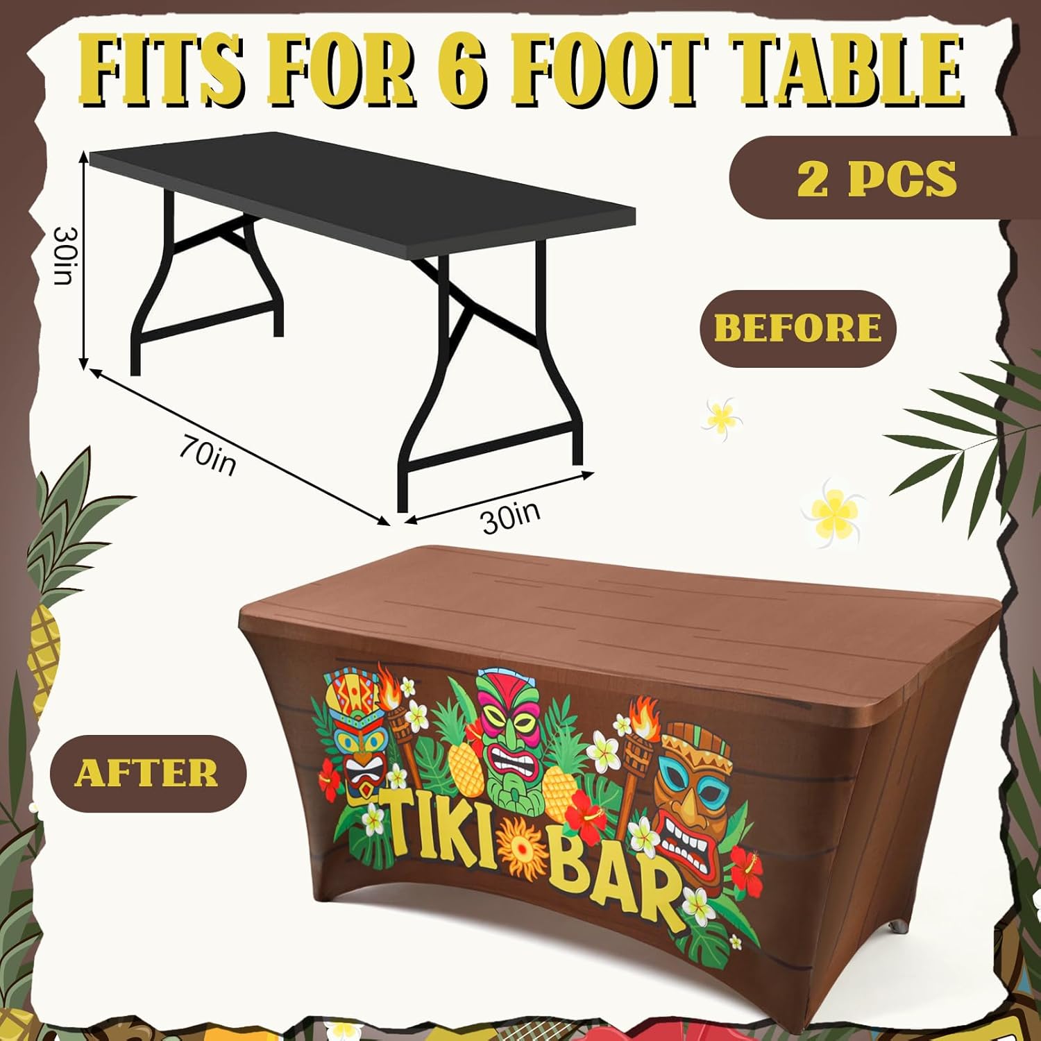 Batiyeer 2 Pcs Tiki Bar Tablecloth Decorations 6ft Hawaii Tiki Spandex Tablecloth Summer Luau Party Stretch Table Cover for Tropical Luau Aloha Hawaii Party Beach Pool Carnival Decoration Supplies