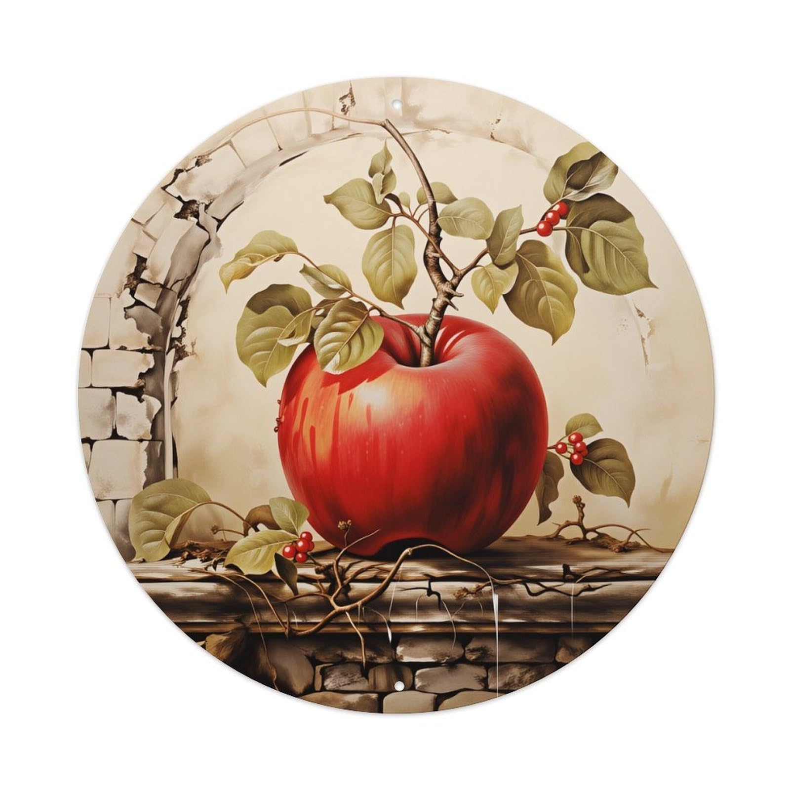 Red Apple With Leaves And Berries On Stone Background Round Vintage Tin Sign,Retro Wall Art,Metal Poster for Home, Bar, Garage, Cafe, Rustic Indoor & Outdoor Decor, 8x8 Inches