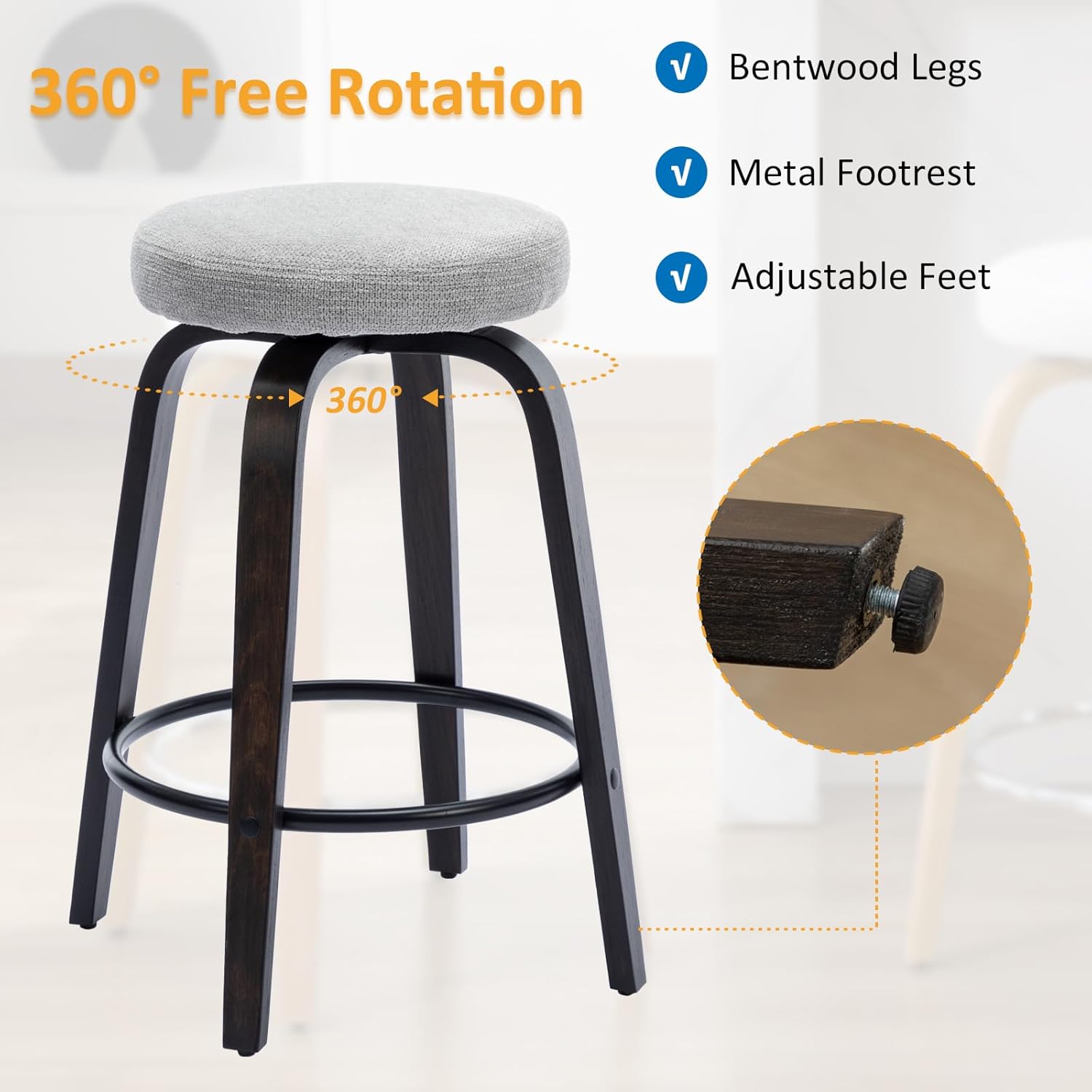 Swivel Bar Stools Set of 2 for Island Kitchen, Modern 26" Backless Counter Height Bar Stools, 360 Swivel Seat Grey